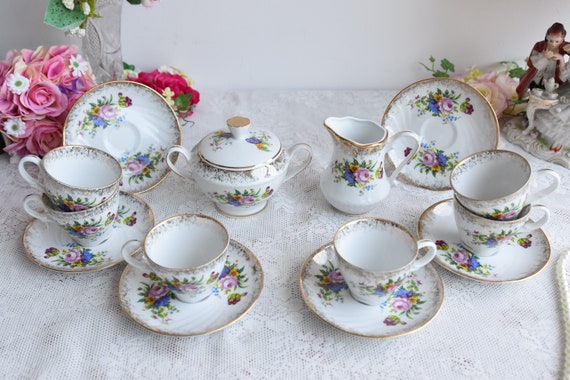 Vintage Porcelain Coffee Set of 6 Cups and Saucers With Flower 