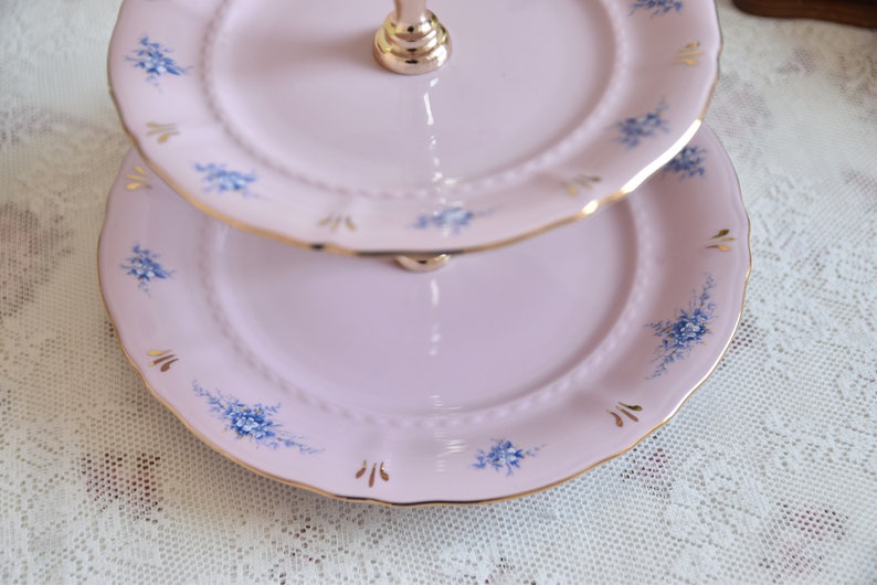 Pink porcelain cake stander with floral decorations by LL image 4