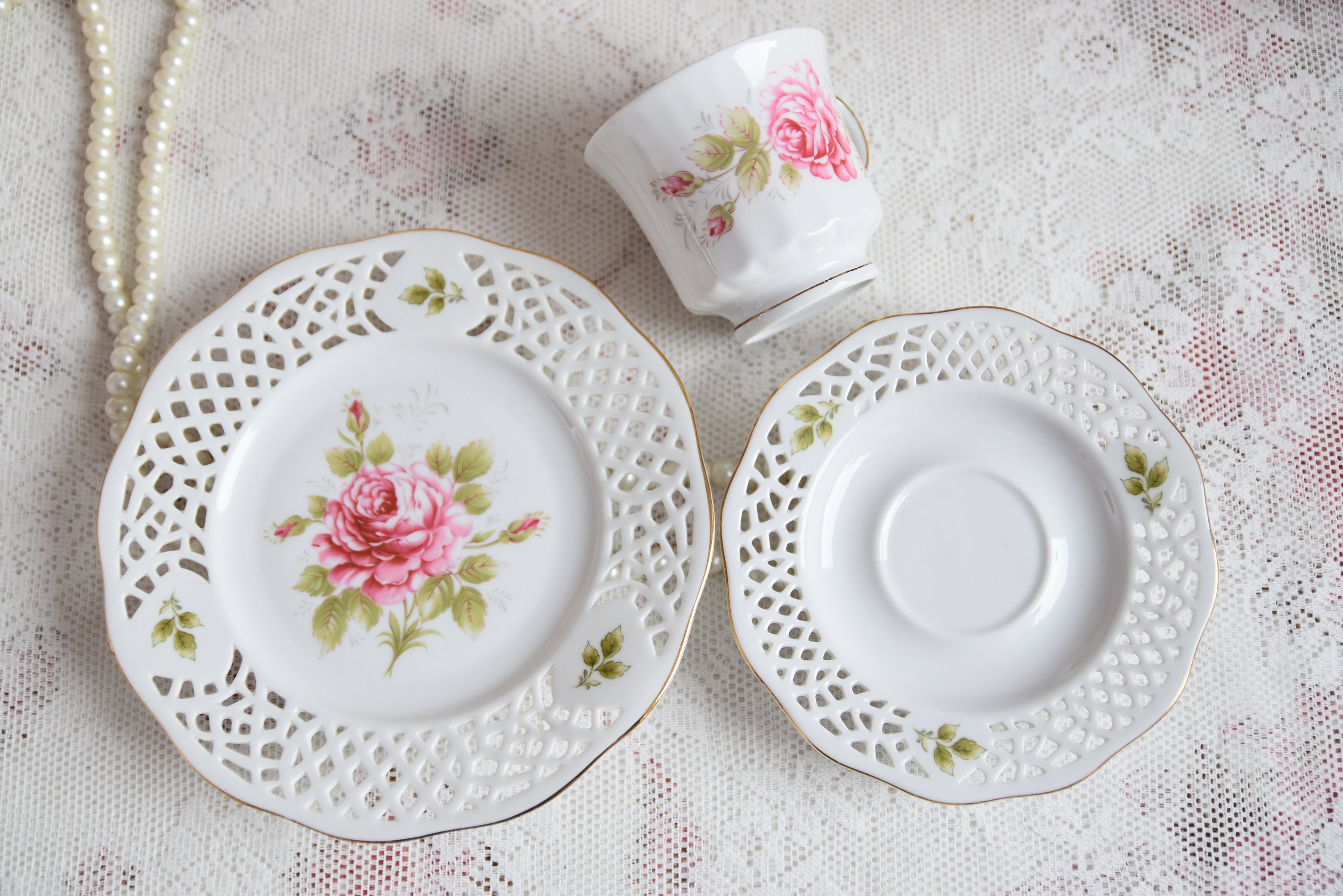 Vintage German Tea Trio With Pink Rose Motif, Reticulated