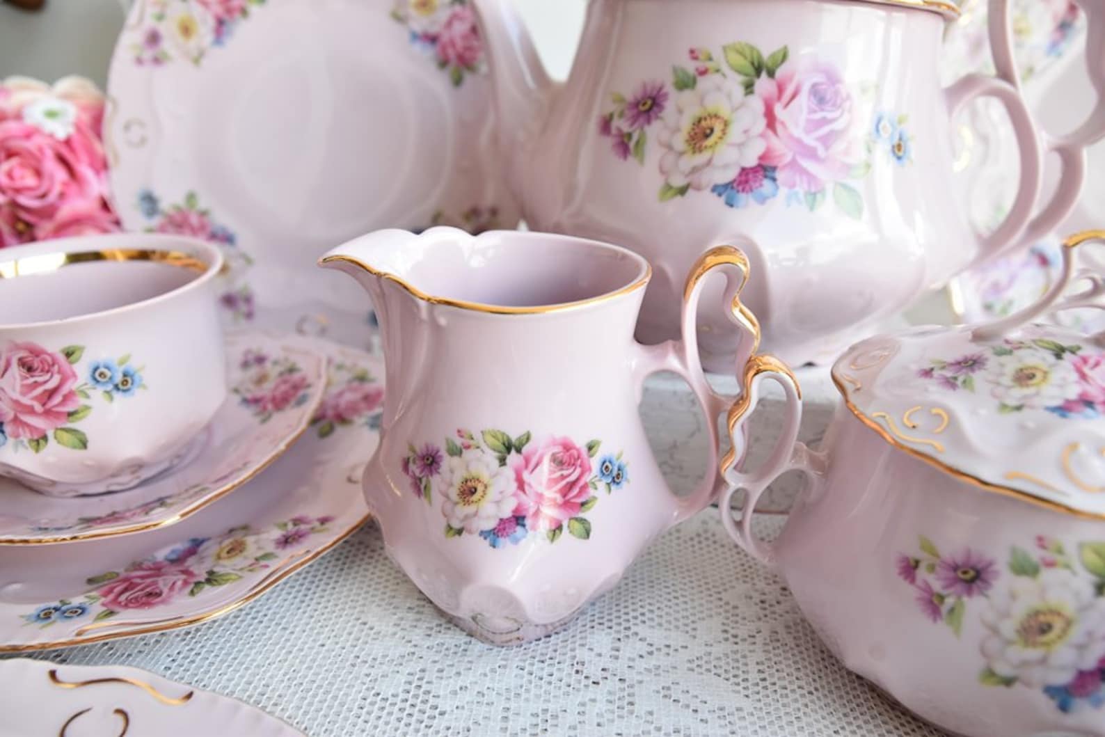 Vintage Tea Set With Roses Porcelain Tea Set With Tea Pot Etsy