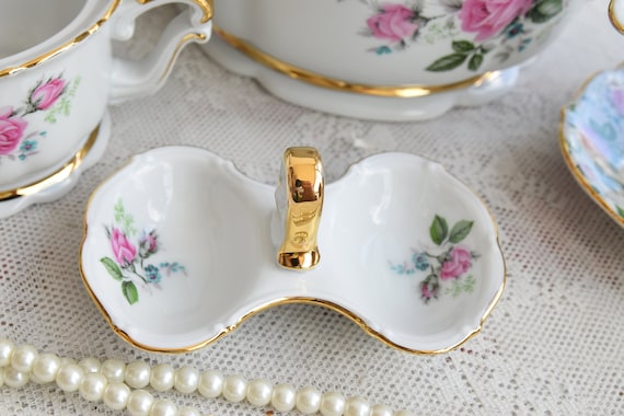 Service à Thé Vintage 6 Personnes - Céramique Rose Rouge Plaqué Or - Élégant Et Rétro