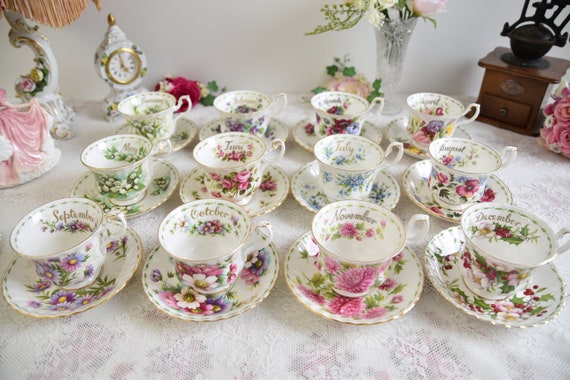 Flower of the Month Royal Albert England Completed 12 Months Vintage Tea  Set English Porcelain Cup Set Vintage Teacup 