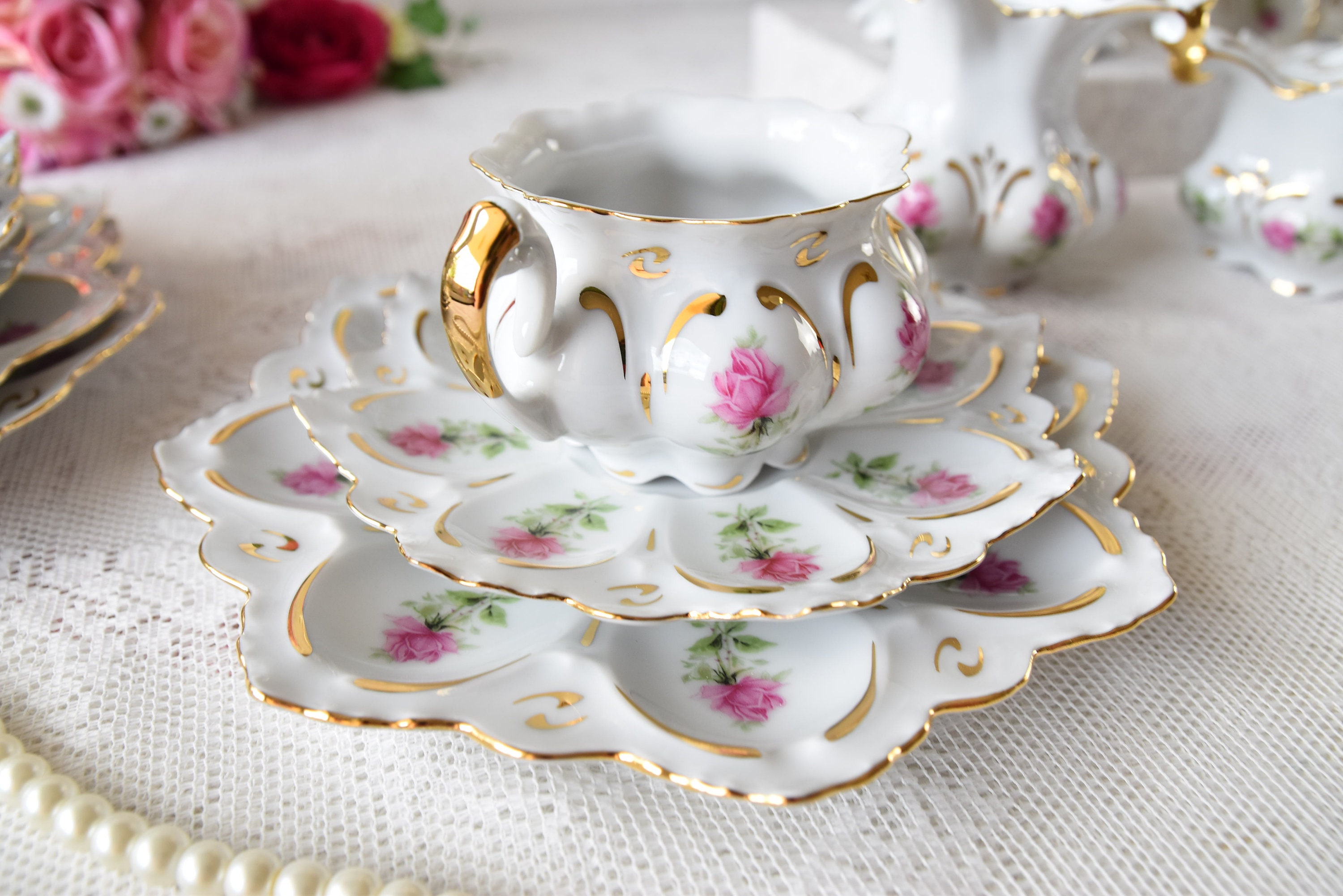 Vintage Tea Set With Roses, Porcelain Tea Set With Tea Pot, Floral