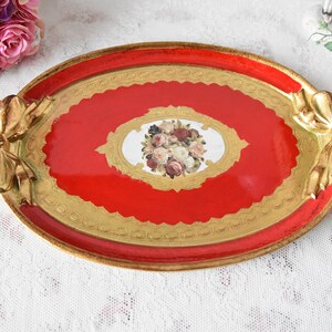 Handmade Italian wooden tray red oval with flower illustration and ribbon handle