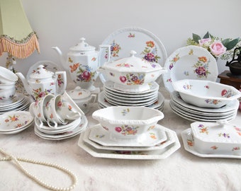 Rosenthal Vintage Dinner Set with flowers, Porcelain Dinner Set with Tea Pot, Floral Tea Cup Set, Tea Service Set