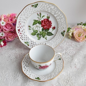Schumann Arzberg Tea Trio, Vintage German Porcelain with Red Rose and Reticulated Borders