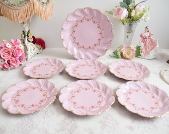 Pink porcelain dessert plates and cake plate set with floral decoration and 24k gold details from LL