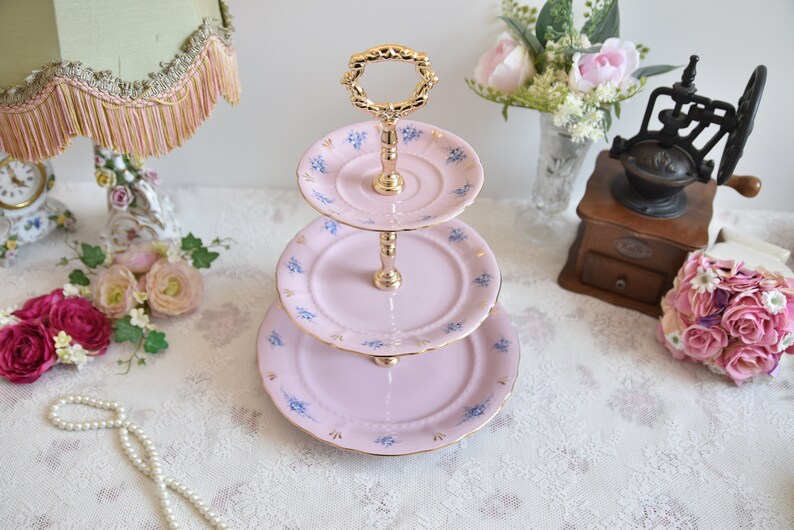 Pink porcelain cake stander with floral decorations by LL image 2