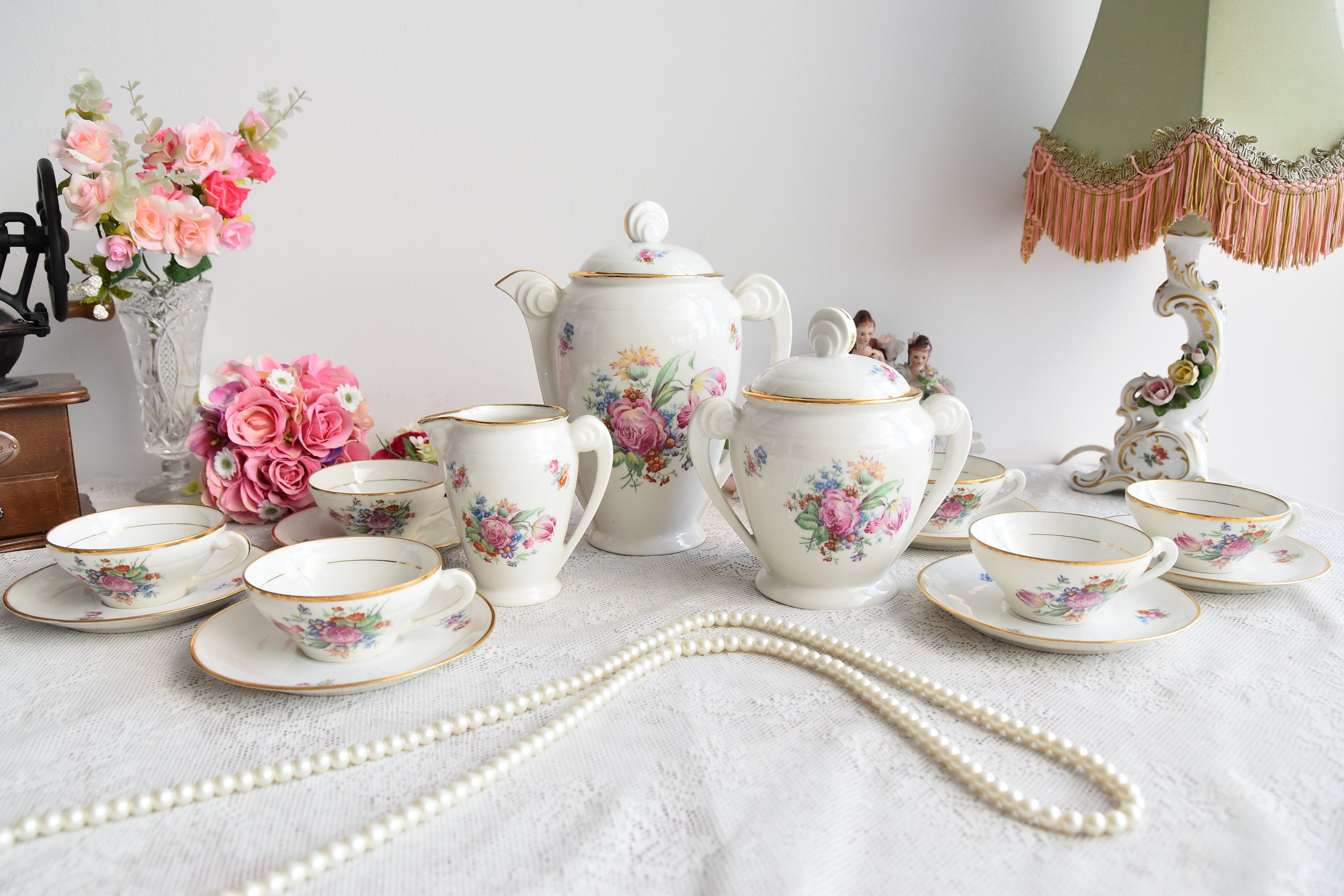 Vintage Floral Porcelain Tea Set With Gold Trim Elegant Unmarked Etsy — free download