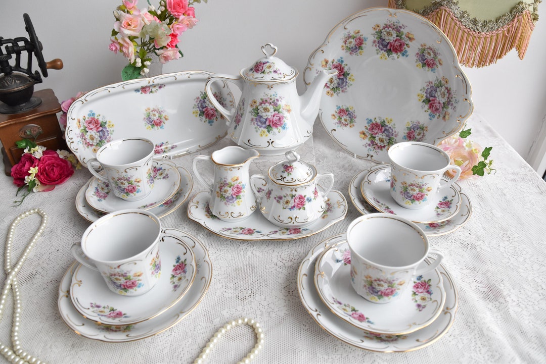Vintage Chodziez Tea Set, Polish Porcelain With Colorful Floral