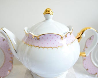 ヴィンテージ磁器製ティーセット、ピンクの花柄、24金メッキ