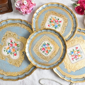 Bandeja pintada a mano en azul dorado, bandeja vintage italiana dorada, bandeja ovalada con asas, bandeja de té ornamentada, bandeja decorativa de mesa, bandeja vintage decorativa