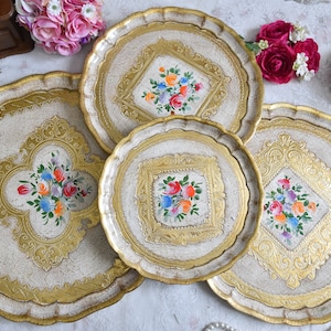 Bandeja pintada a mano dorada y blanca, bandeja vintage italiana dorada, bandeja ovalada con asas, bandeja ornamentada para té, bandeja decorativa para mesa, bandeja vintage decorativa