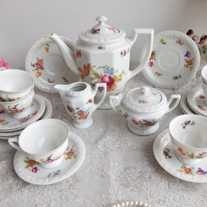 Vintage Rosenthal Tea Set, Embossed White Porcelain with Colorful Floral Bouquets, Full Service for 6