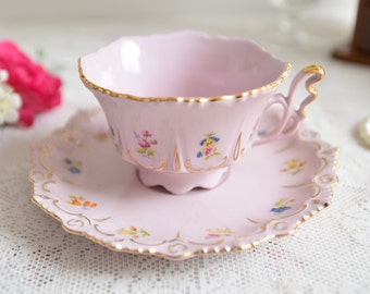 Tazas de té y platillos antiguos de porcelana rosa de oro, taza de té y platillo rosa vintage, bonitas tazas de té y platillos, regalo vintage para los amantes del té