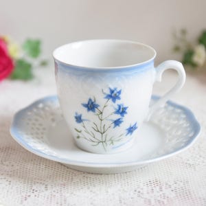 Schumann Arzberg Teacup and Saucer, Campanula Rotundifolia, Reticulated German Porcelain