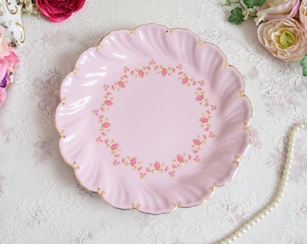 Cake plate  vintage pink porcelain with pink and white flowers and golden docorations