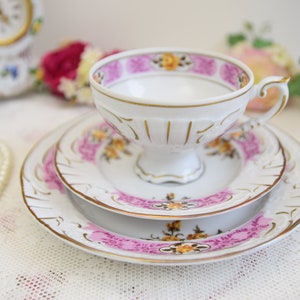 PMP Germany Tea Trio, Vintage Footed Cup with Pink and Gold Floral Design