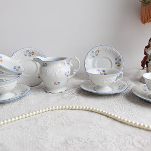 Vintage KPM Poland Tea Set, Blue and Gold Floral Porcelain, 6 Duos with Creamer, Embossed Edges