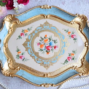 Handmade Italian wooden tray original handpainted blue medium size