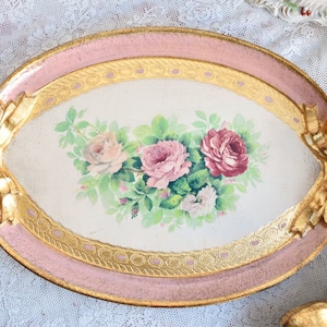 Handmade Italian wooden tray pink oval handpainted