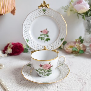 Schumann Arzberg Pierced Porcelain Trio, Pink Rose Teacup Set with Gold Trim, Vintage German China