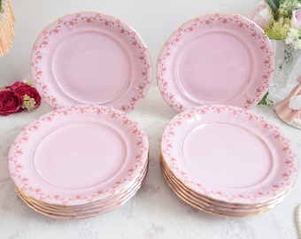 Dinner plate set for 12 pink porcelain with beautiful white and pink flowers and 24 karat gold decorations