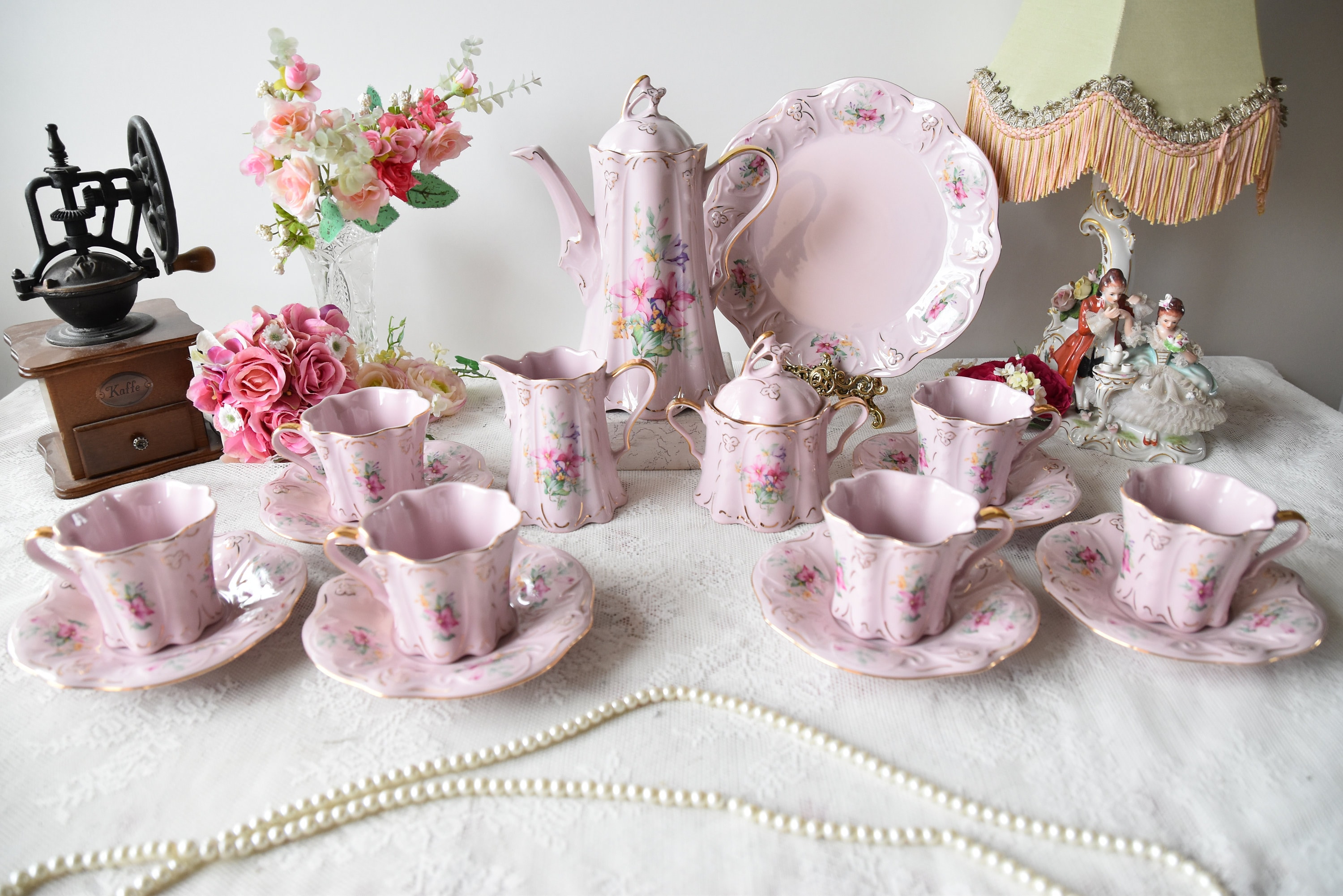Vintage Tea Set Floral Porcelain Slav Porcelain Pink Tea Cup Set