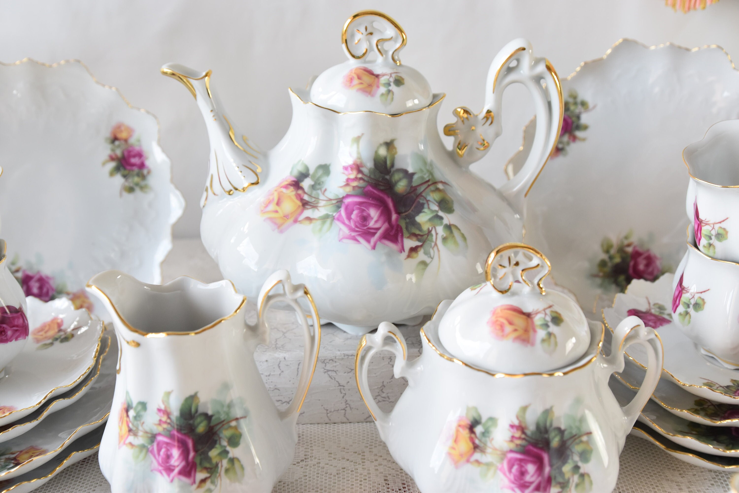 Servizio Da Tè In Ceramica Rosa E Oro | Teiera E Tazze Per 6 Persone | Stile Vintage - Foto 10