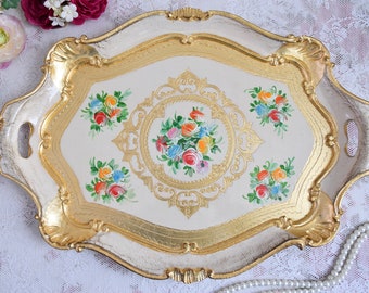 Handmade Italian Florentine serving tray with handles and hand painted decorations