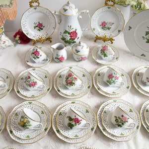 Vintage Tea Set Schumann Arzberg with Flowers openwork porcelain set for 12, Porcelain Tea Set with Tea Pot, Floral Tea Cup Set