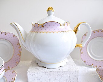 ヴィンテージ磁器製ティーセット、ピンクの花柄、24金メッキ