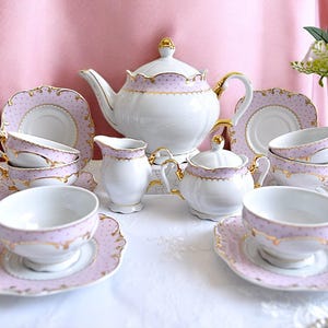 Vintage Tea Set with pink and gold decoration, Porcelain Tea Set with Tea Pot, Antique Tea Service Set for 6 24K Gold Tea Set