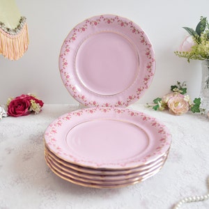 Può includere: Set di sei piatti piani rosa con un delicato motivo floreale e bordo dorato. I piatti sono impilati su una superficie bianca.