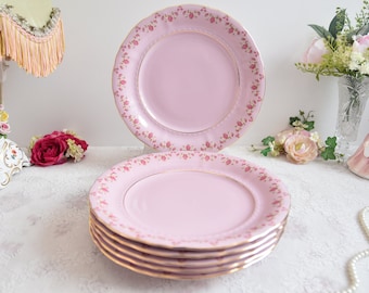 Dinner plate set for six pink porcelain with beautiful white and pink flowers and 24 karat gold decorations