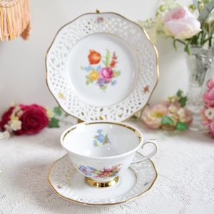 Schumann Arzberg Tea Trio, Reticulated Porcelain with Colorful Floral Bouquet and Gold Trim