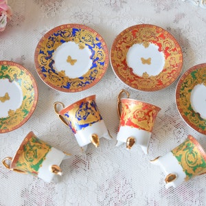Baroque Espresso Cup Set, Vintage Demitasse Porcelain with Gold Butterfly Motif, Set of Six