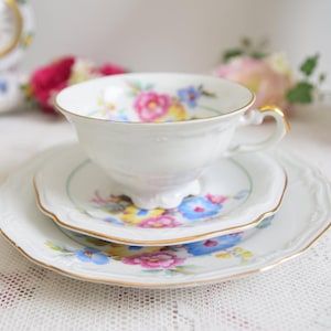Bavaria Trio, Vintage German Tea Set with Colorful Floral Motif and Gilded Trim