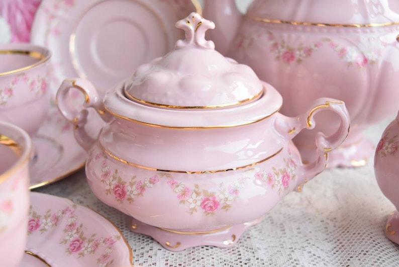 Juego de té vintage con flores y decoración dorada, juego de té de porcelana con tetera, juego de servicio de té antiguo para 6, juego de té de oro de 24 quilates imagen 7