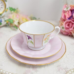 Furstenberg Tea Trio, Pink Porcelain Set with Floral Panels and Gold Trim