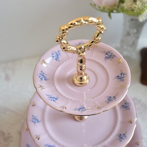 Pink porcelain cake stander with floral decorations by LL image 3