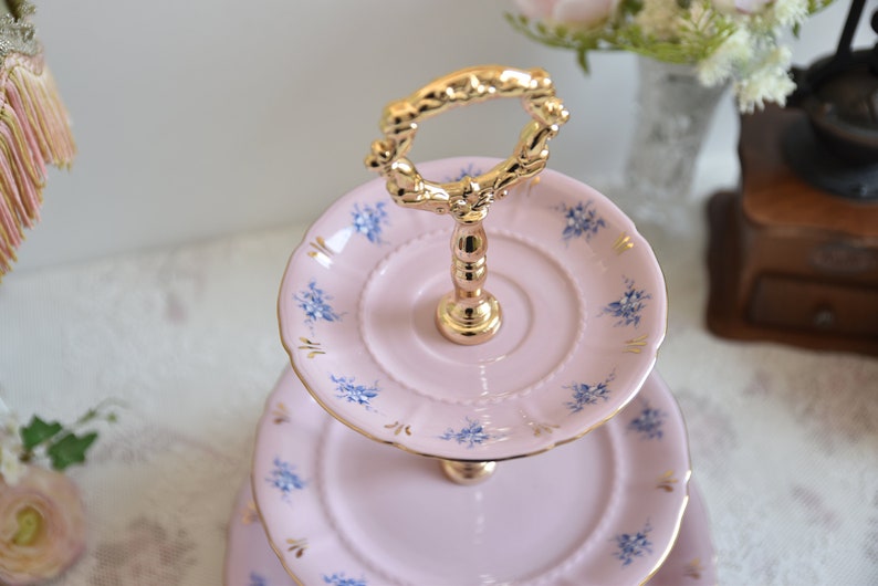 Pink porcelain cake stander with floral decorations by LL image 3