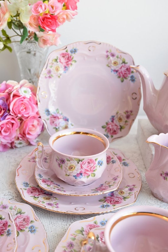 Vintage Tea Set With Roses, Porcelain Tea Set With Tea Pot, Floral