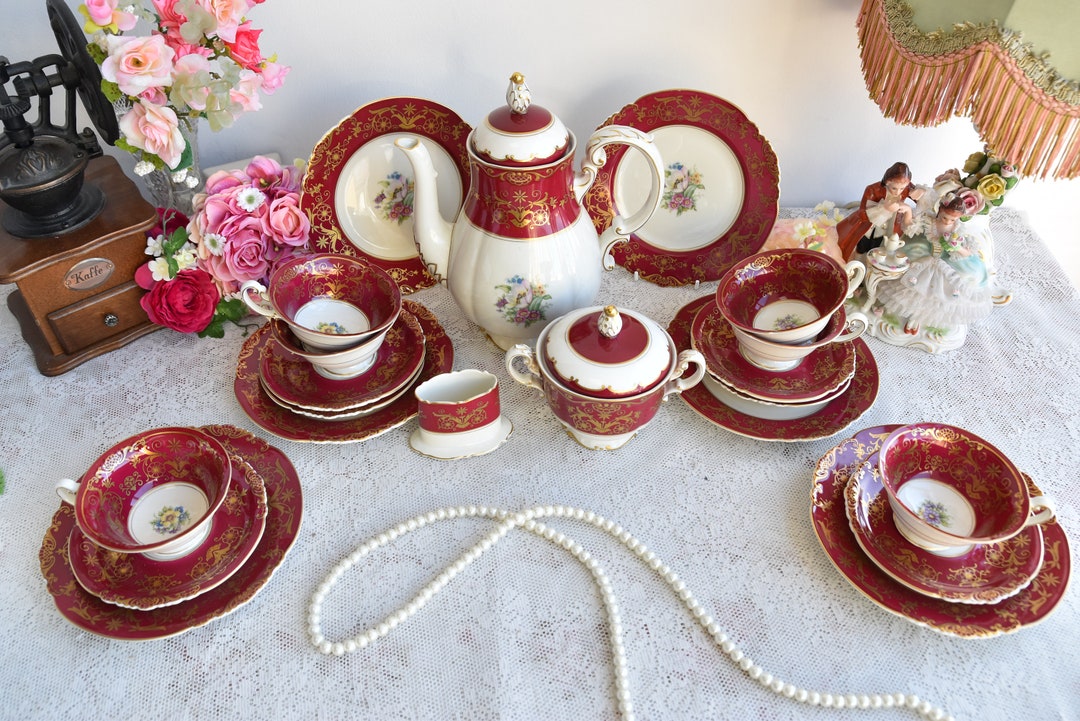 Koniglich Tettau Burgundy Red Tea Set – Vintage German Porcelain With ...
