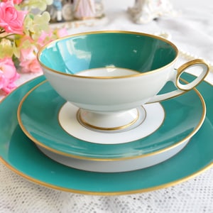Hutschenreuther Teacup Trio, Vintage Jade Green and Gold Porcelain Set, German Fine China