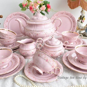 Collectibles china tea service set, Pink china set vintage, Vintage pink china with unique teapot, Tea sets with teapot, Pink porcelain cup