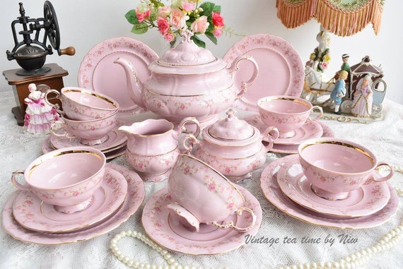 Set di servizi da tè in porcellana da collezione, set di porcellana rosa  vintage, porcellana rosa vintage con teiera unica, set da tè con teiera,  tazza di porcellana rosa -  Italia