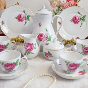 Vintage Bavaria Rose Tea Set, German Porcelain with Pink Roses and Gold Trim