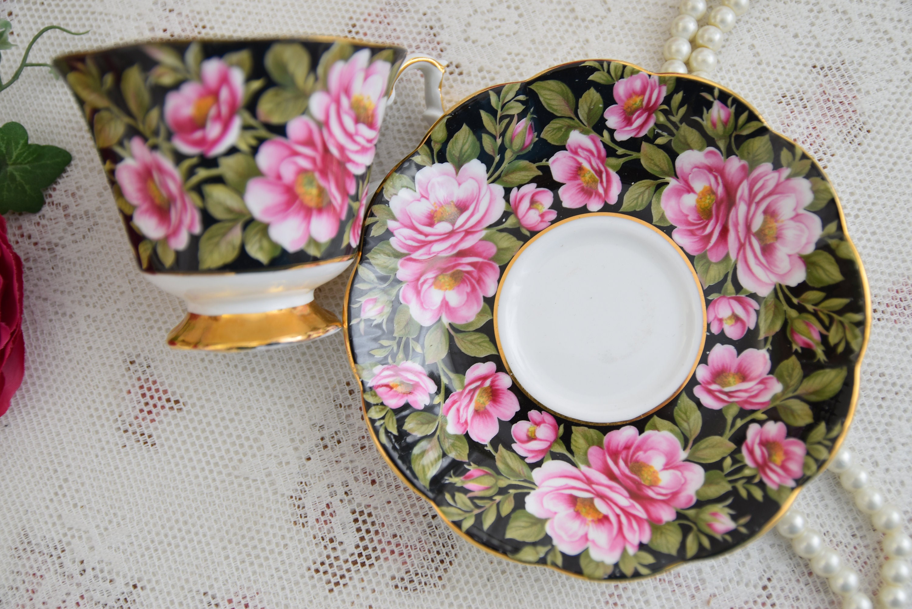 Royal Albert Provincial Flowers Teacup and Saucer, Cameo Black