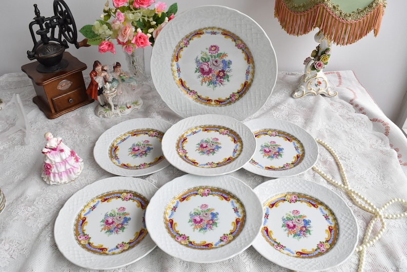 Vintage plate set dessert floral plate set vintage porcelain plate set for six plus one hanging plate